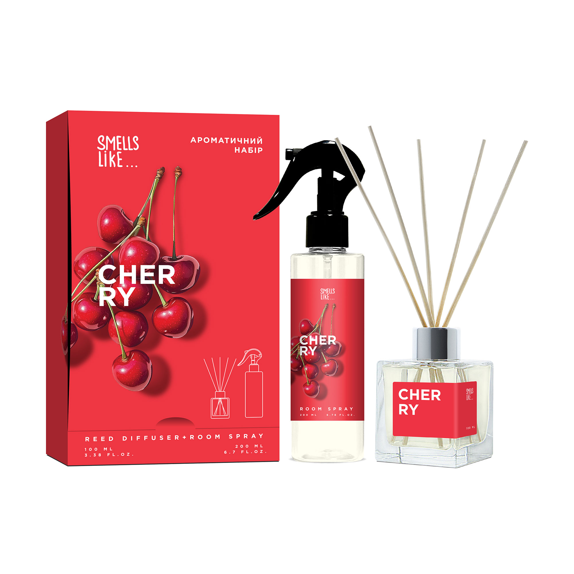 Подарунковий набір Smells Like Cherry (аромадифузор, 100 мл + ароматичний спрей для приміщень та текстилю, 200 мл)
